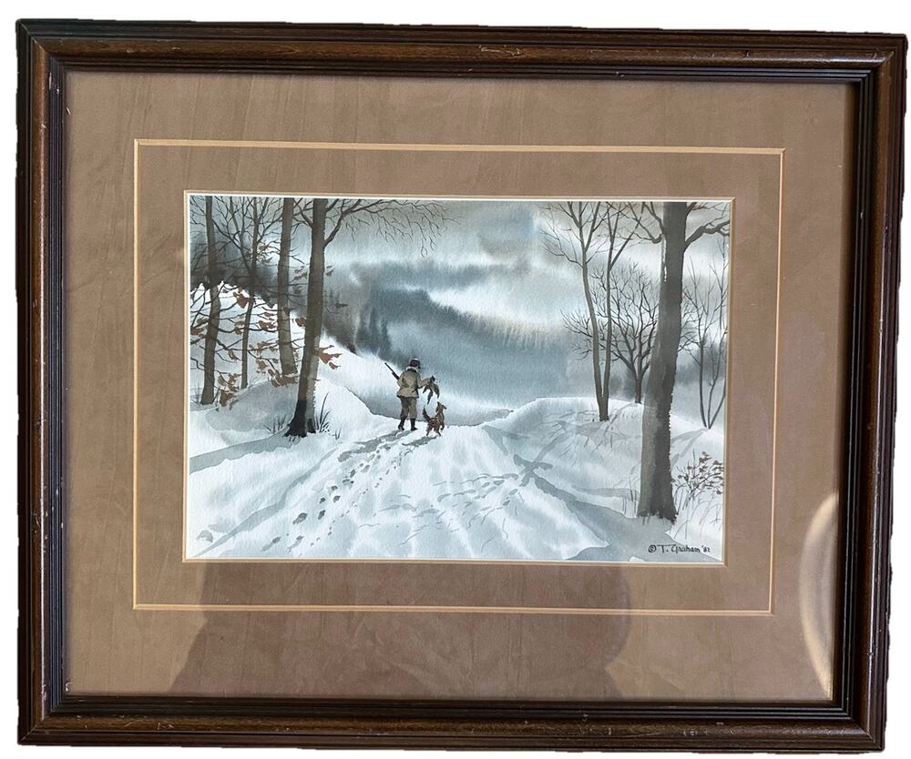 T. Graham Original Watercolor Painting Winter Landscape Duck Hunter w/ Dog 1982